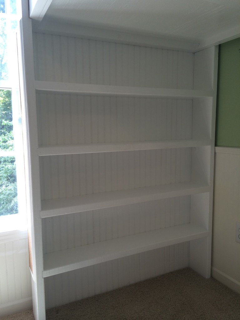 Loft Bed with shelves and beadboard wainscoting